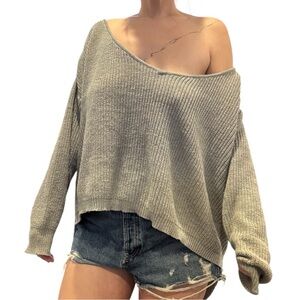Oversized Grey Knit V Neck Sweater